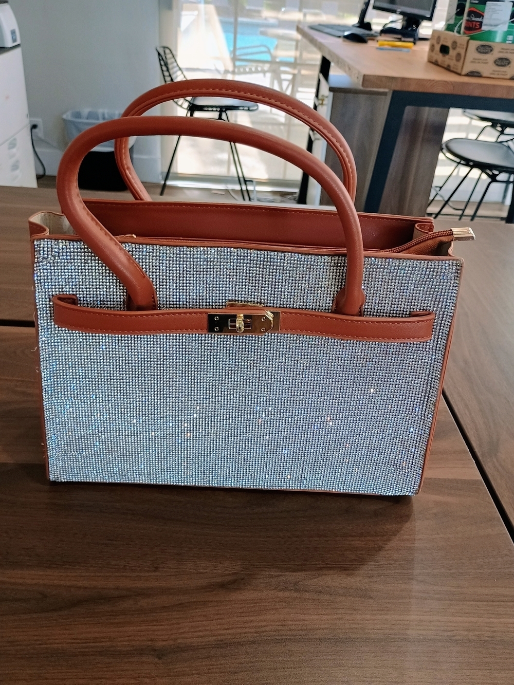Crystal-Embellished Tote Bag with Tan Leather Trim